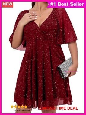 Plus Size Sequin Skater Dress V-Neck Cocktail Party
